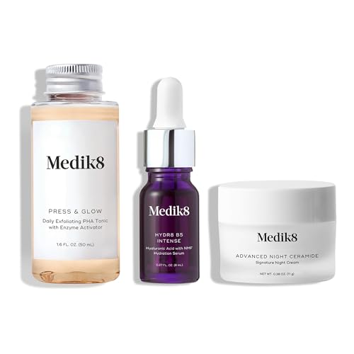 Medik8 Glow To Go Trio - Brightening Holiday Skin Care Gift Set - With Exfoliating PHA Toner, B5 Hyaluronic Acid Serum, and Advanced Ceramide Night Cream - Gift Set For Hydrated, Glowing Skin - 3 pc