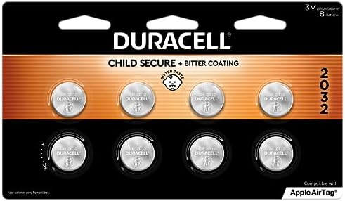 Duracell 2032 Lithium Battery. 8 Count Pack. Child Safety Features. Compatible with Apple AirTag, Key Fob, and other devices. CR2032 Battery Lithium Coin Battery. CR Lithium 3V Cell