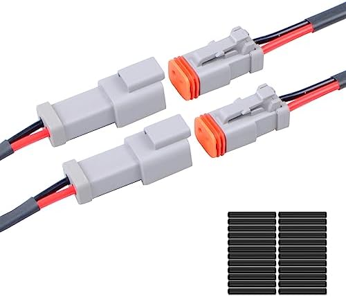 2Pack 2-Pin Waterproof DT Connector Male and Female Wire Connectors with 16AWG 105℃ 600V Wires and Heat Shrink Tubes, Applicable for Automotive Electrical Connections