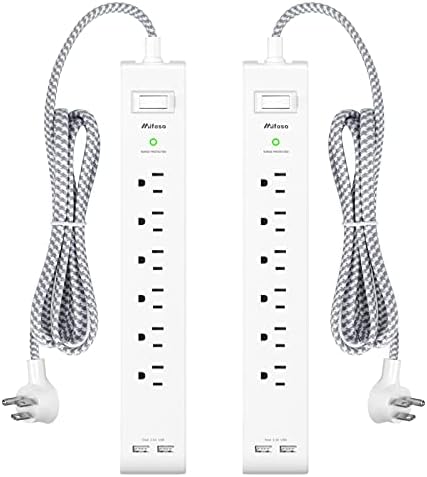 2 Pack Power Strip, 12FT Long Extension Cord, Surge Protector with 6 Outlets and 2 USB Charging Ports, Flat Plug Overload Protection, Extension Cord 10+ ft, Wall Mount for Home Office Dorm College