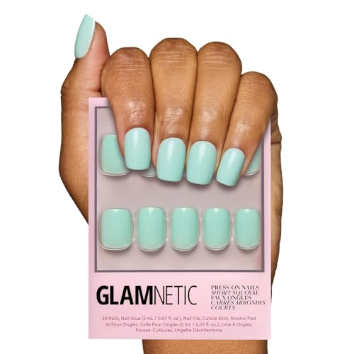 Glamnetic Press On Nails - Soft Teal | Short Squoval Light Blue, Glossy Pastel Blue Fake Nails, Reusable Spring Nails | 15 Sizes - 30 Nail Kit with Glue