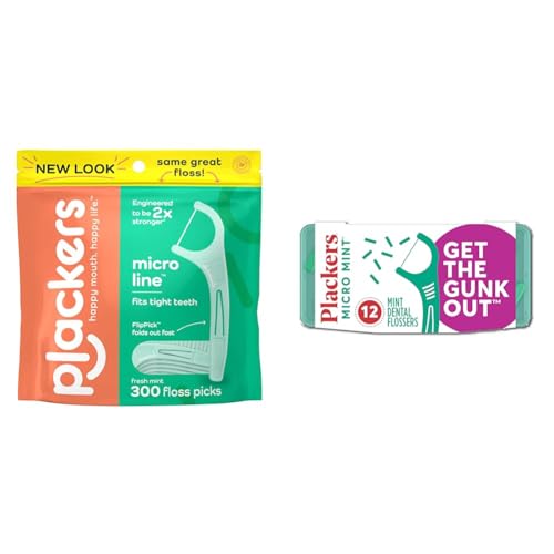 Plackers Micro Line Dental Floss Picks, Fold-Out FlipPick, Tuffloss, Easy Storage & Micro Mint Dental Floss Picks with Travel Case, 12 Count (Color may vary)