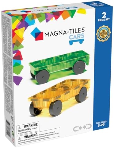 MAGNA-TILES Cars – Green & Yellow 2-Piece Magnetic Construction Set, The ORIGINAL Magnetic Building Brand