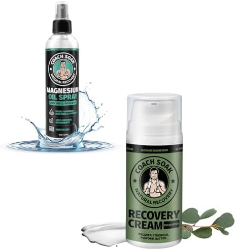Coach Soak Eucalyptus Magnesium Lotion & Magnesium Oil Spray with MSM - 8oz Topical Spray for Feet & Body and 3.4oz Natural Cream for Muscle & Joint Relaxation