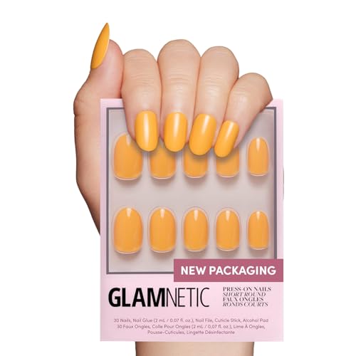 Glamnetic Press On Nails - Sunset Orange | Opaque Trendy Orange Short Round Fake Nails, Reusable | 12 Sizes - 30 Nail Kit