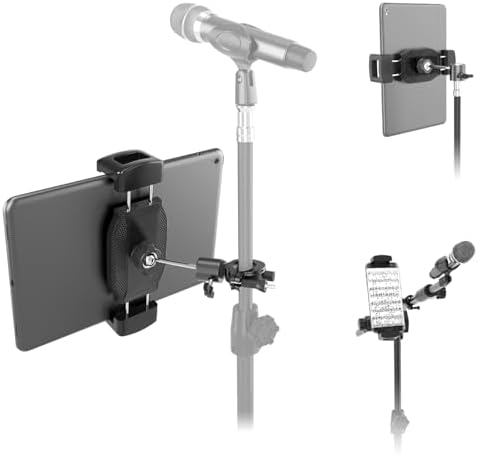Kereal Tablet Holder for Mic Stand with 360° Ball Head and 3/8 to 1/4 Adapter, Microphone Stand Music Stand Tablet Phone Holder for Tripod, Fit for All 4.7 to 12.9 iPhone, Ipad, Andriod Smartphone