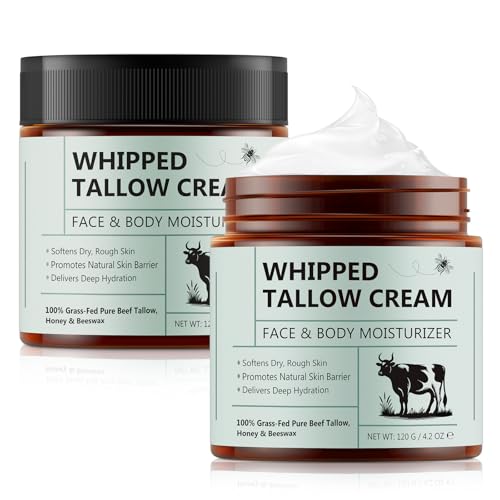 Beef Tallow for Skin, Tallow and Honey Balm 4.2oz, Organic Cream Moisturizer Face and Body, 100% Grass Fed Whipped Beef Honey Cream (2Pack)