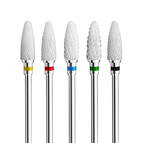 Fantexy Ceramic Nail Drill Bits Set,3/32'' Shank Professional Corn Shape Ceramic Bits,Acrylic Nail File Bits for Manicure Pedicure Cuticle Gel Nail Polishing,Use for Both Left and Right Handed(5 Pcs)