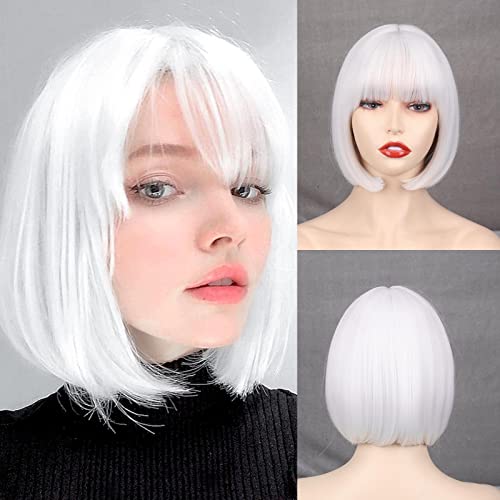 WERD Short White Bob Wig Bangs Straight White Wig for Women Natural Synthetic Short White Wig Bangs for Daily Party Cosplay Halloween