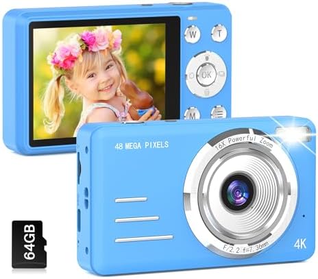 Digital Camera, FHD 1080P Kids Camera, 48MP Point and Shoot Digital Cameras with a 64GB Card, 16X Zoom, Anti Shake, Compact Small Camera for Kids Gifts for Teens Girls Boys