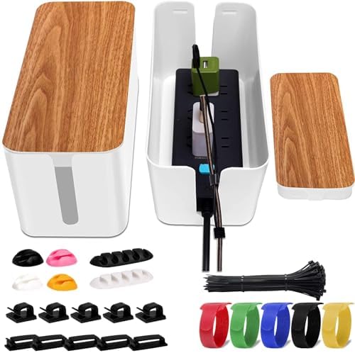 YUANYE Cable Management Box 2 Pack with 122 Cable Clips Set, Large Cord Organizer Box Hide Power Strip for Computer, Router, USB Hub and Under Desk Power Strip, Safe ABS Material Cord Management