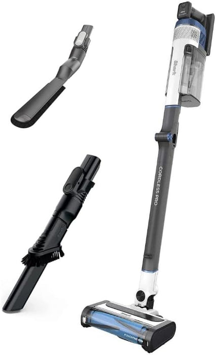 SHARK UZ565H Pro Cordless Vacuum with Clean Sense IQ & MultiFLEX Technology, PowerFins Plus Brushroll, Includes Duster Crevice Tool & Anti-Allergen Dusting Brush, Up to 40 Minute Runtime, White/Blue