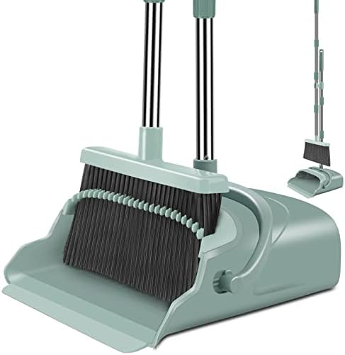 kelamayi Upgrade Broom and Dustpan Set, Large Size and with Long Handle, Upright,Ideal for Indoor Outdoor Garage Kitchen Room Office Lobby Use (Green)