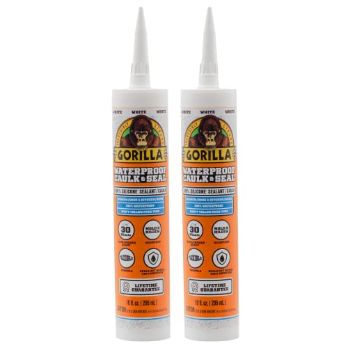 Gorilla Waterproof Caulk & Seal 100% Silicone Sealant Caulk, All Purpose, White, 10oz Cartridge (Pack of 2)