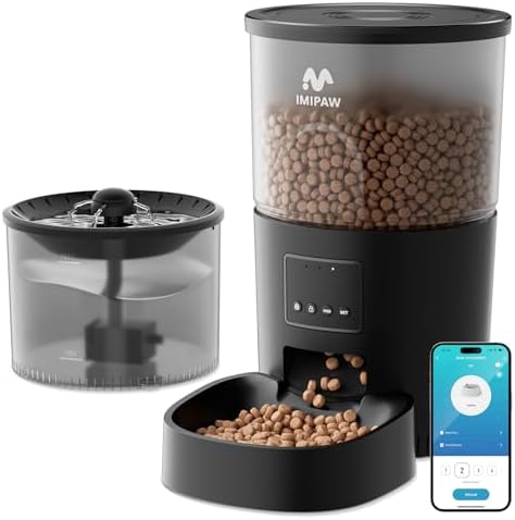 Automatic Cat Feeder and Water Dispenser, Timed Dry Food Dispenser APP Remote Control, Programmable Portions, Cat Fountains for Drinking with Filter, Small Pets (WiFi Combo 3L)