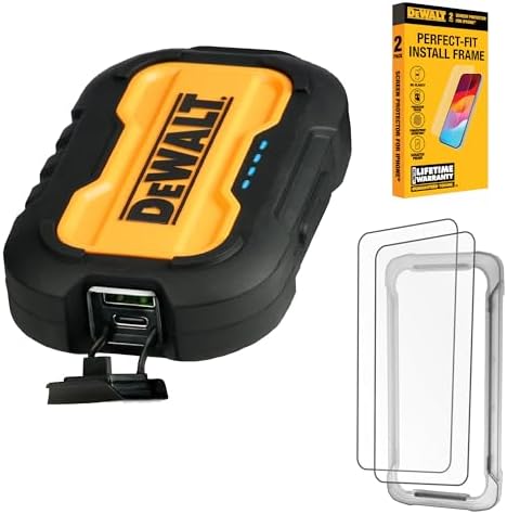 DEWALT 10K Portable Charger Power Bank, 10,000 mAh Battery Pack with USB-C Port and Screen Protectors for iPhone 15/15 Plus/15 Pro/15 Pro Max, iPhone 14/13