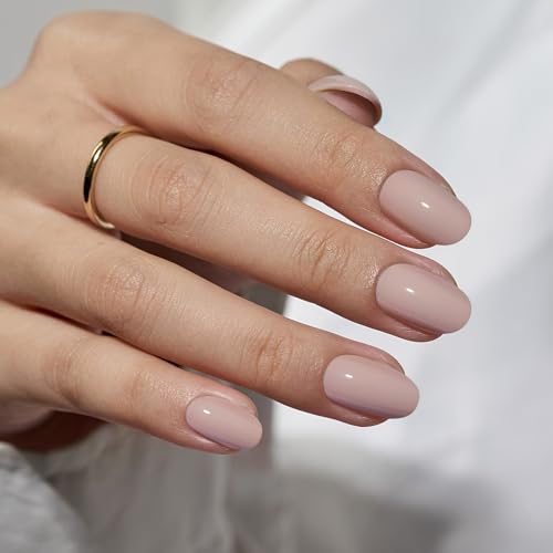 BTArtbox Press On Nails Oval - Soft Gel Press on Nails Oval Nails Fake Nail with Nail Glue, Fit Perfectly, Reusable Glue On Nails in 16 Sizes, Taro Milkshake