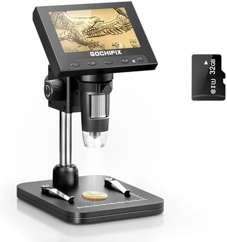 Microscope, GOCHIFIX 4.3" LCD Digital Microscope 1000X, Coin USB Microscope with HD Screen, 8 Adjustable LED Lights, 32GB SD Card, PC View Compatible with Windows/MacOS for Adults Kids