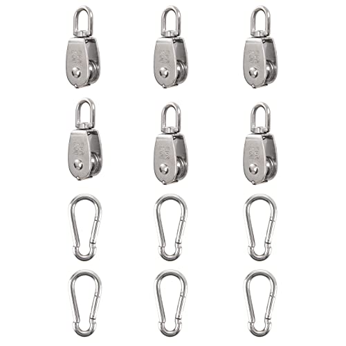 6Pcs 304 Stainless Steel M25 Single Pulley Block, Wire Rope Hanging Wire Towing Wheel, with 6Pcs Spring Snap Hook