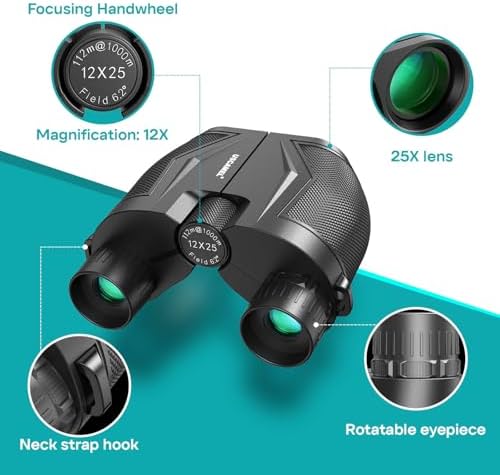 USCAMEL Binoculars for Adults and Kids Compact Lightweight - Large Eyepiece Easy Focus 12x25 Small Binocular for Bird Watching, Concert, Travel and Outdoor Hunting - Black