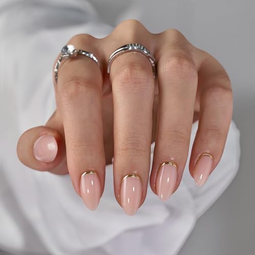 BTArtbox Press On Nails Almond - Short Nails Press Ons with Gold Foil Design, Glue On Nails for Women Gift, Supremely Fit Glossy Stick On Nails in 16 Sizes - 30 Nail Kit, Gold End