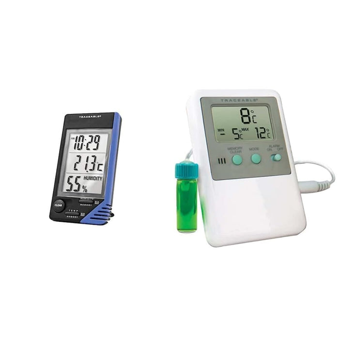 TRACEABLE - AO-90080-06 Traceable Thermometer with Clock, Humidity Monitor, and Calibration & Traceable Calibrated Fridge/Freezer Digital Thermometer; 5 mL Bottle Probe