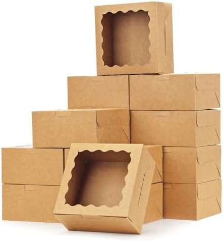 Moretoes 80pcs Brown Bakery Boxes with Window, 6x6x3 Inches Christmas Cookie Boxes Small Treat Boxes Pastry Boxes for Chocolate Covered Strawberries, Macarons, Cupcakes, Goodies, Donuts