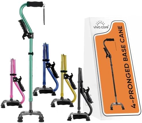 Walking Cane with 4 Prongs and Extra Side Handle – Adjustable, for Balance & Stability for Adults, Seniors, and Injured.