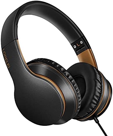 LORELEI X6 Over-Ear Headphones with Microphone, Lightweight Foldable & Portable Stereo Bass Headphones with 1.45M No-Tangle, Wired Headphones for Smartphone Tablet MP3 / 4 (Black-Gold)