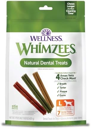 Whimzees by Wellness Stix Natural Dental Chews for Dogs, Long Lasting Treats, Grain-Free, Freshens Breath, Large Breed, 7 Count