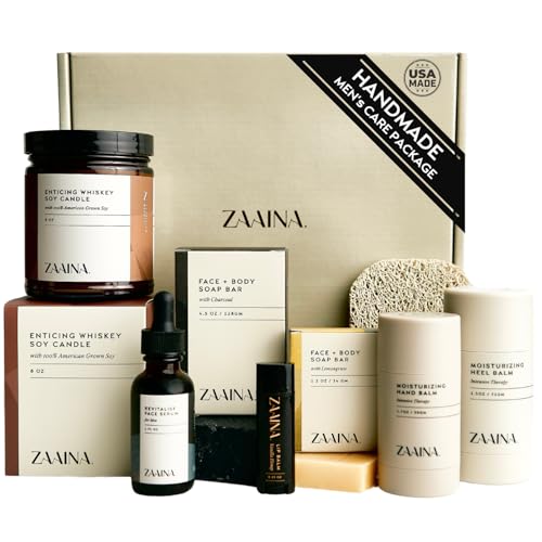 Men's Self Care Package, Relaxation Spa Gift Set for Him - Luxury Natural Handmade Men Skin Care Kit with Whiskey Candle, Unique Self Care Gift for Men, Christmas Gifts for Men, Men's Skin Care Set by ZAAINA