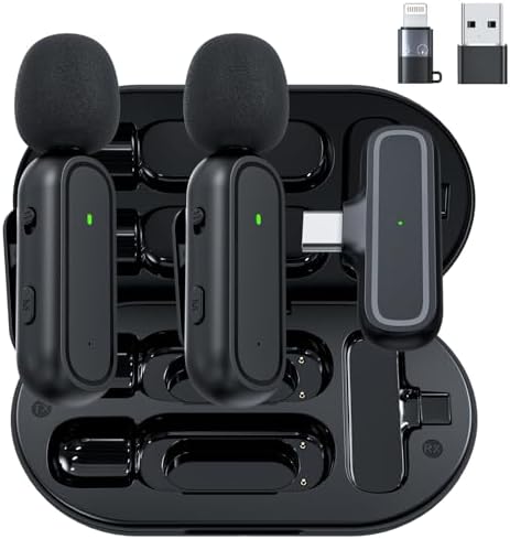 2-Pack Wireless Lavalier Microphone for iPhone iPad Android Included Charging Case & Jack Adapter, Noise Reduction Plug-Play Clip on Lapel Mic for Youtuber, Recording,Vlog, Facebook Live Streaming