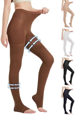 MGANG Medical Compression Pantyhose for Women & Men, 15-20mmHg Graduated Compression Support Tights, Open Toe, Opaque Waist High Compression Stockings for Edema, Varicose Veins, Flight, DVT, Brown XXL