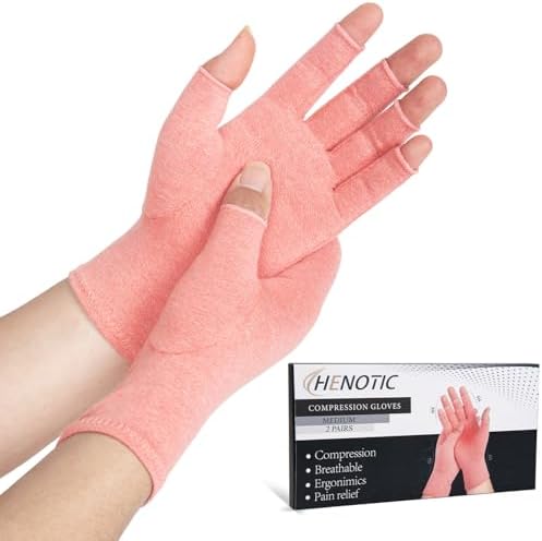 2 Pairs Arthritis Compression Gloves for Women Men, Fingerless Breathable & Moisture Wicking Compression Gloves for Relieving Carpal Tunnel Aches, Rheumatoid Pains, Joint Swell Pink M