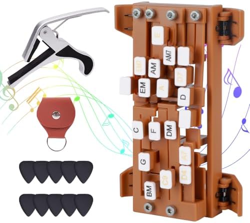 Guitar Chord Presser, 16 Chords Presser Guitar, Guitar Chord Helper with Pick & Capo, Guitar Learning Aid Tool Kit for Beginners (Brown)