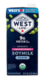 West Life Organic Soy Milk, Unsweetened Plain, Low Sugar, 9g of Protein, Vegan Dairy Alternative, Lactose-Free, Shelf Stable, 32oz (Pack of 6)