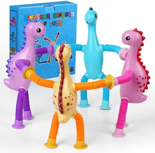 Dinosaur LED Pop Tubes,Valentines Day Gifts for Kids,4 Pack Dinosaur Fidget Toys,Sensory Toys Gifts for Boys Girls,Dinosaur Valentines Party Favors,Classroom Exchange, School Reward