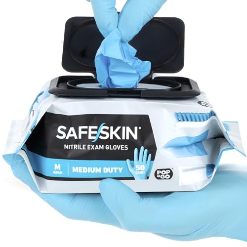 SAFESKIN Nitrile Disposable Gloves in Pack of 200, Medium Duty, Medium Size, Powder Free - Food Handling, First Aid, Cleaning