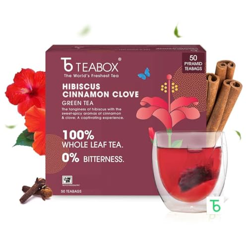 Teabox Organic Hibiscus Cinnamon Clove Green Tea Bags 100 pcs | 100% Natural Hibiscus, Cinnamon & Clove (50 Count (Pack of 1))
