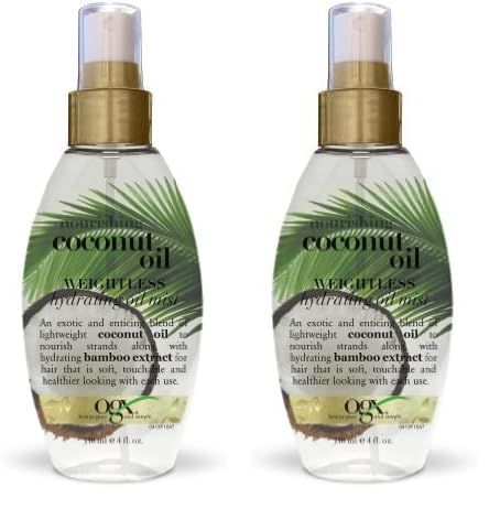 OGX Nourishing + Coconut Oil Weightless Hydrating Oil Hair Mist, Lightweight Leave-In Hair Treatment with Coconut Oil & Bamboo Extract, Paraben & Sulfate Surfactant-Free, 4 fl oz (Pack of 2)