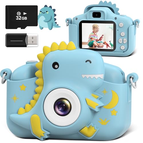 Kids Camera, Dinosaur Toddler Digital Camera for Ages 3-12 Boys Girls, Christmas Birthday Gifts, Selfie 1080P Camera for 3 4 5 6 7 8 9 Years Old Toys Light Blue
