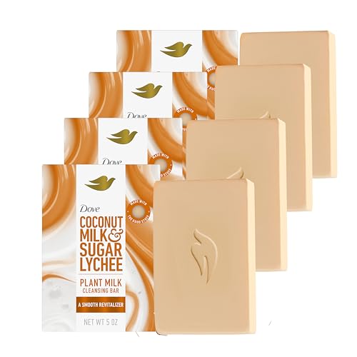 Dove Plant Milk Cleansing Bar Soap Coconut Milk & Sugar Lychee Smooth Revitalizer 4 Count for Moisturized Skin Gentle Cleanser, No Sulfate Cleansers or Parabens, 98% Biodegradable Formula 5 oz