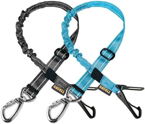 AUBELL Dog Seat Belt for Car,2 Pack Set 3-in-1 Adjustable Reflective Bungee Heavy Duty Dog Car Harness Tether with Clip Hook Latch & Buckle,Swivel Zinc Alloy Carabiner,Black+Blue