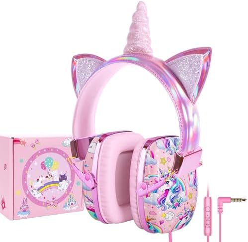 TCJJ Unicorn Headphones for Girls to School, Kids Wired Headphones with Mic & 3.5mm Jack, Safe Volume 85/94dB,Noise Cancelling Over-Ear Headphone with Adjustable Headband for iPad/Smartphones-Pink