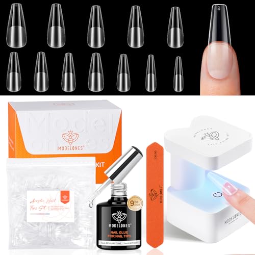 modelones Gel X Nail Kit, Long Coffin Gel x Nail Tips, 9-in-One Nail Glue & Portable U V Nail Lamp, 216Pcs 12Sizes Acrylic False Nails Tip Press On Nails Art DIY Nail Extension Gift for Women