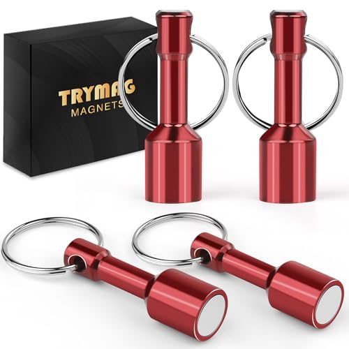 TRYMAG 4 Pack Red Keychain Magnets for Testing Brass, N52 Keychain Pocket Magnets with Strong Magnetic Rare Earth Neodymium, Gold Silver Jewelry Test Magnet Hanging Keys Holder