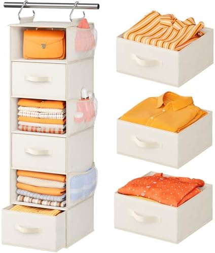 Pipishell Hanging Closet Organizer 6-Shelf, Hanging Shelves for Closet with 3 Removable Drawers & Side Pockets, Hanging Shelf Organizer for Bedroom or Garment Rack, 12'' x 12'' x 43.3'', White