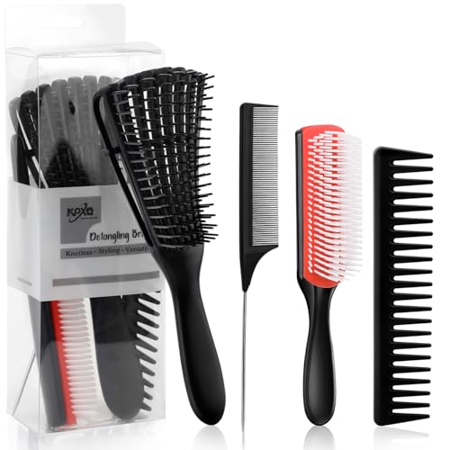 4pcs Curly Hair Brush Set for Adult & Kids Wet or Dry, Detangling Brush for 3/4ABC with Wide Tooth Comb (4, Red)