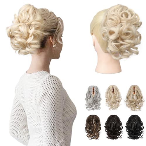 Flufymooz Ponytail Extension, 9" Short Claw Clip Curly Pony Tail Extension Jaw Ponytail Hairpiece for women (Cool Blonde)