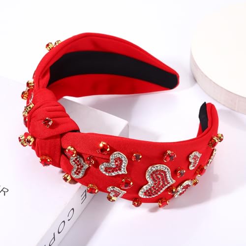 Valentine’s Day Heart Headbands for Women Valentine’s Day Accessories Jeweled Beaded Heart Knotted Headband Pink Red Rhinestone Wide Top Knot Headband Valentine Party Favors Gifts (Valentine's 2)